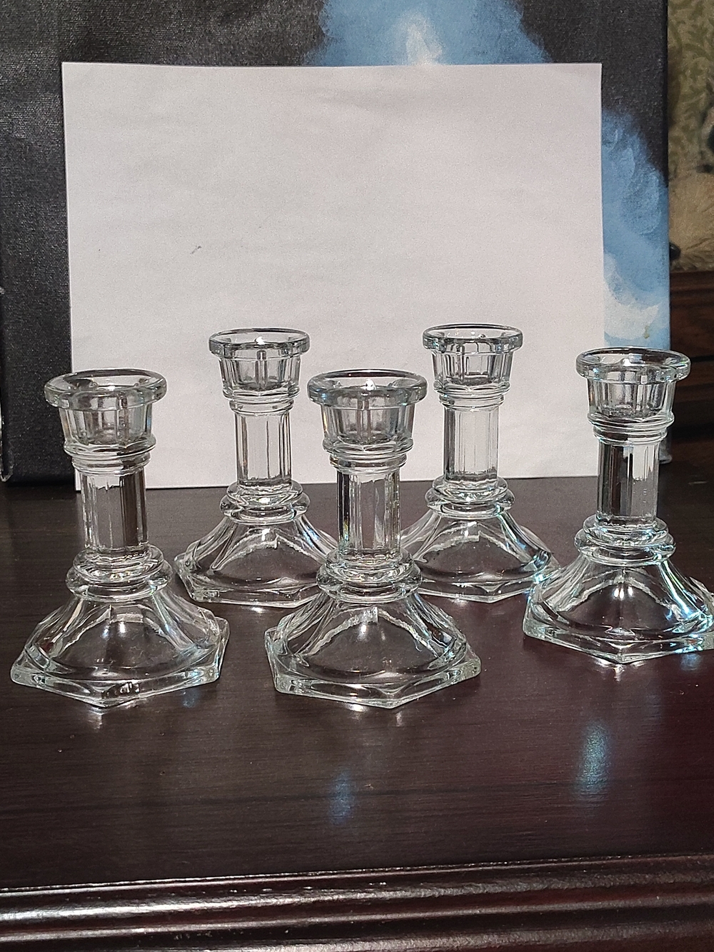 Vintage FTDA Clear Glass Candlestick Holders - Set of 5 Hexagon Taper